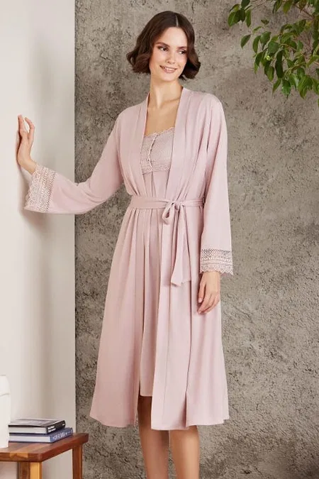 Penye Dantelli Kare Yaka Gecelik Sabahlık Takım Pierre Cardin 4005  - Pudra