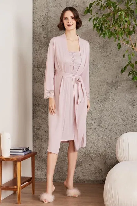Penye Dantelli Kare Yaka Gecelik Sabahlık Takım Pierre Cardin 4005  - Pudra