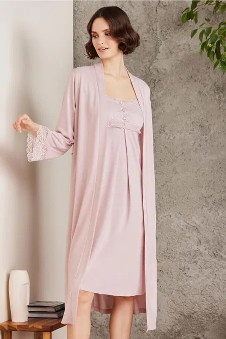 Penye Dantelli Kare Yaka Gecelik Sabahlık Takım Pierre Cardin 4005  - Pudra