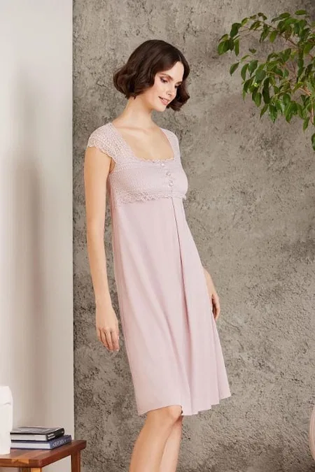 Penye Dantelli Kare Yaka Gecelik Sabahlık Takım Pierre Cardin 4005  - Pudra