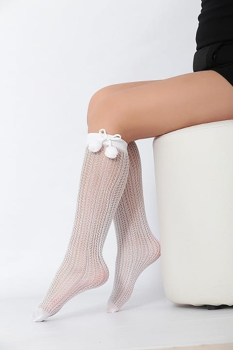 Kaydırmaz Tabanlı Peri Ponponlu File Çocuk Dizaltı Çorap Daymod 2222021 - Beyaz