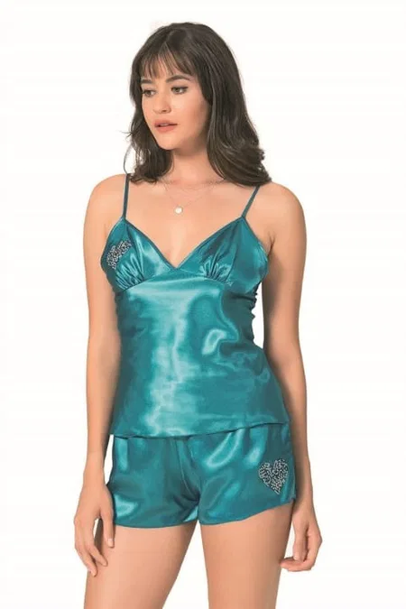 Petrol Renkli Saten Şort Pijama Takımı Ahu 9063 - Yeşil