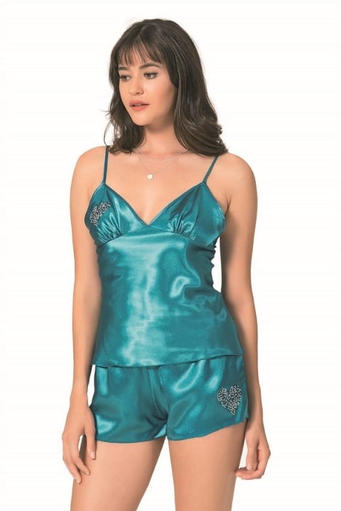 Petrol Renkli Saten Şort Pijama Takımı Ahu 9063 - Yeşil