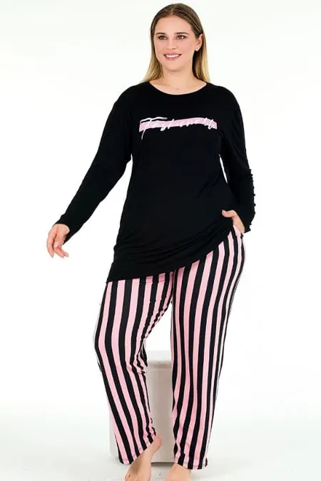 Uzun Kollu Siyah Viskon Pijama Takımı Lady 11395 - Siyah