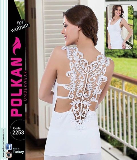 Sırt Dekolteli Güpürlü Beyaz Kadın Atlet Polkan 2253