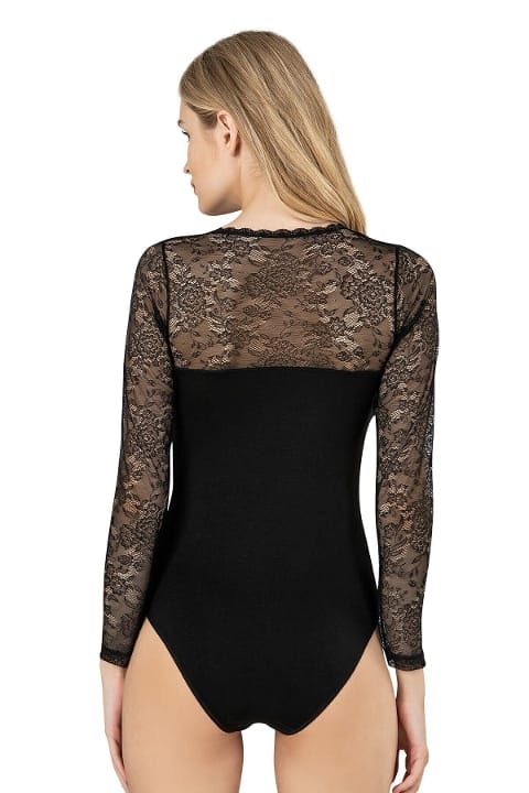 Pamuklu Dantel Tül Detaylı V Yaka Uzun Kollu Body Özkan 26946 - Siyah