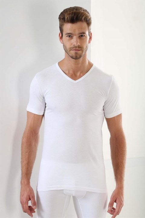 Pamuklu Ribana V Yaka Erkek Atlet Arma Yıldız 1003 - Beyaz