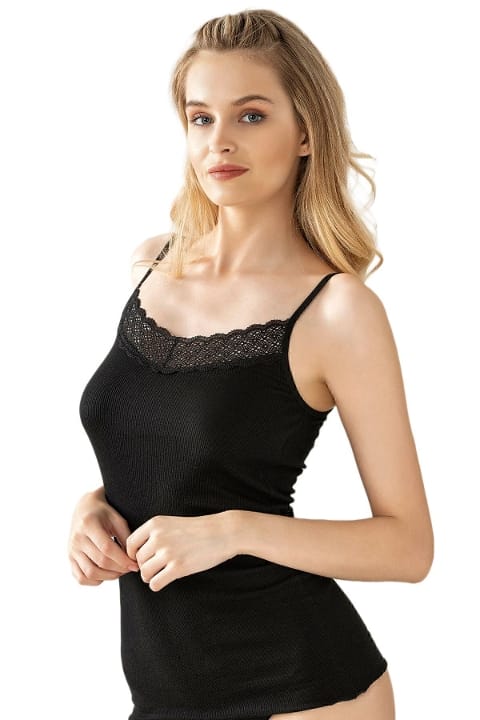 Dantelli İp Askılı Esnek Viskon Kadın Atlet Özkan 26956 - Siyah