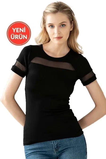 Tül Detaylı Kısa Kollu T-Shirt Özkan 26983 - Siyah