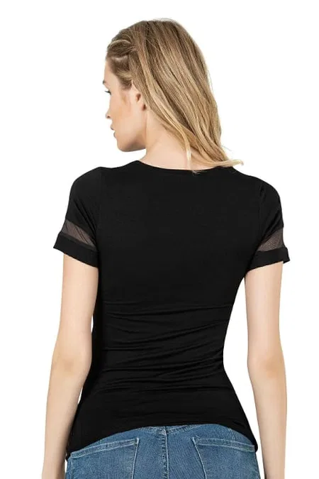 Tül Detaylı Kısa Kollu T-Shirt Özkan 26983 - Siyah
