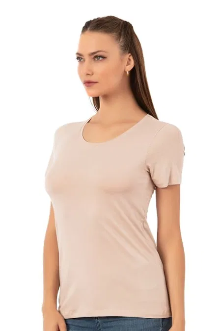 Yüksek Pamuk Oranı Viskon Kısa Kollu T-Shirt Özkan 26976 - Ten