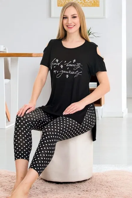 Puantiyeli Kısa Kollu Rahat Kesim Kapri Pijama Takımı Lady 12056 - Siyah
