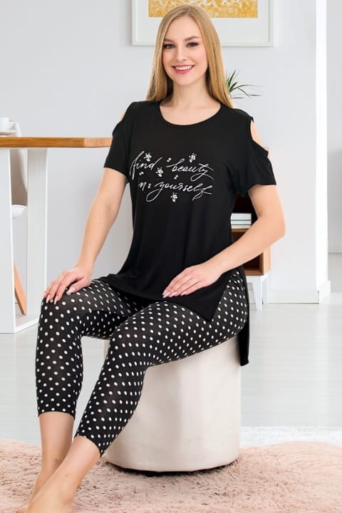 Puantiyeli Kısa Kollu Rahat Kesim Kapri Pijama Takımı Lady 12056