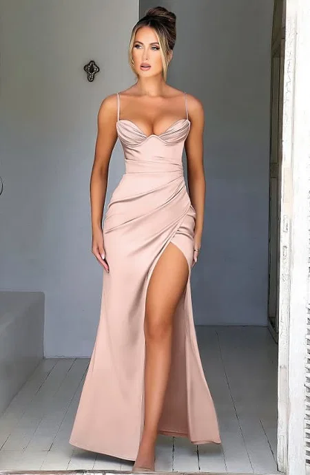 Pudra Dekolteli Parlak Uzun Kadın Elbise Pink Night 5550 - Pudra