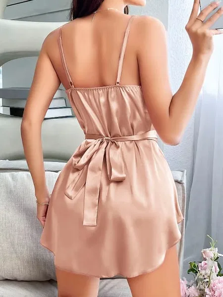 Pudra Kuşaklı Saten Gecelik Şık Doku Kadın Gecelik Pink Night 3867 - Pudra