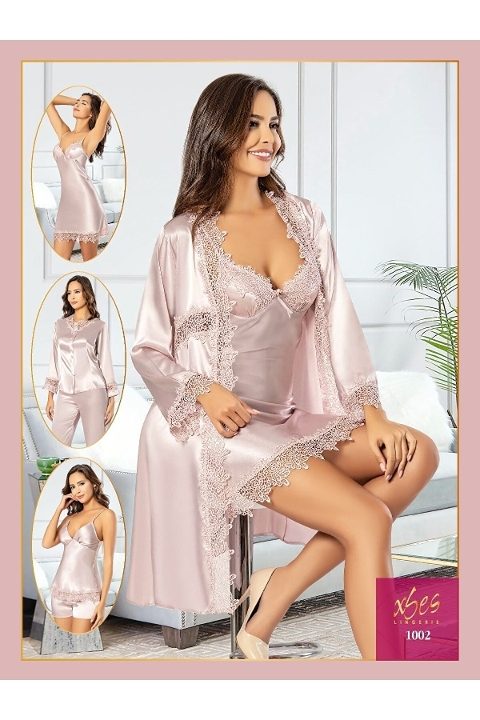 Dantelli Pudra Saten Gelin Çeyiz Seti XSES 1002 - Pudra