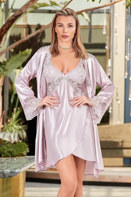 Saten Kumaş Pudra Kimono Takım Nurteks 5344 - Pudra