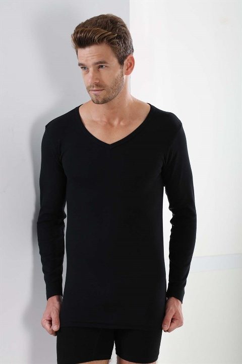 Pamuklu Ribana Uzun Kollu V Yaka Fanila Arma Yıldız 1127 - Siyah