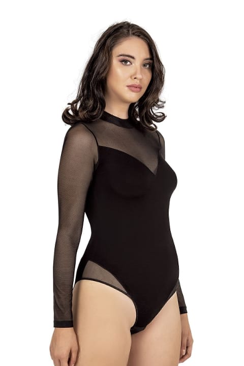 Tül Detaylı Uzun Kollu Body Somon Özkan 25633 - Siyah