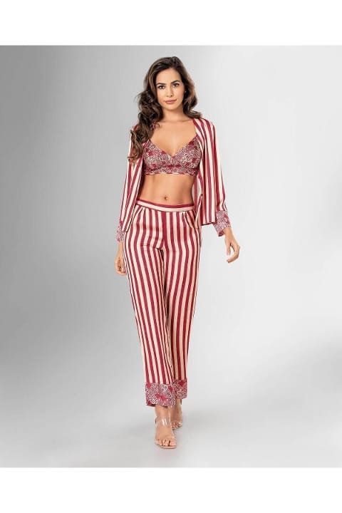 Kırmızı Çizgili Sabahlık Sütyen Pijama Takımı Ahu 1844 - Kırmızı