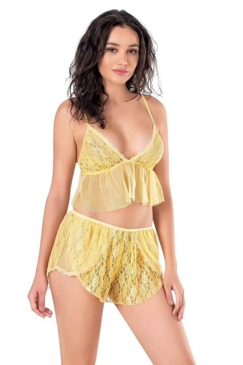 Sarı Tül Dantel Babydoll Şort Takımı Ahu 9141 - Sarı