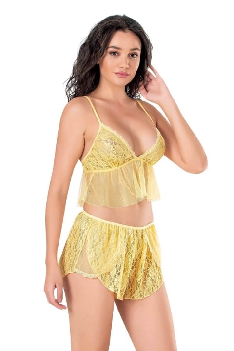 Sarı Tül Dantel Babydoll Şort Takımı Ahu 9141 - 2