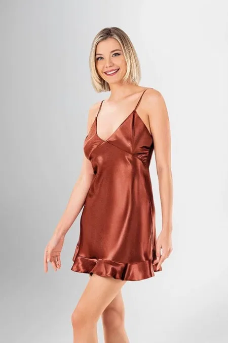 Saten Kısa Sabahlık Takımı Kiremit Ahu 1910 - Kahverengi
