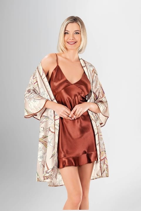 Saten Kısa Sabahlık Takımı Kiremit Ahu 1910