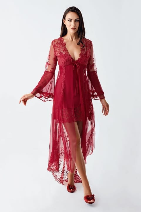 Saten Bordo Gecelik Takımı Dantel Detaylı İmaj 4200