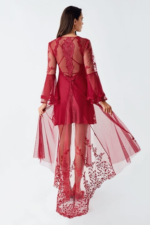 Saten Bordo Gecelik Takımı Dantel Detaylı İmaj 4200 - 2