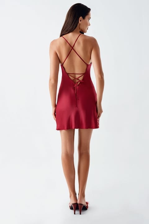 Saten Bordo Gecelik Takımı Dantel Detaylı İmaj 4200 - Bordo