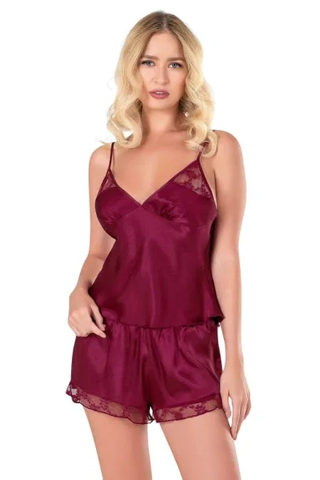 Saten Bordo Şort Takımı Esnek Rahatlık Ahu 9135 - Bordo