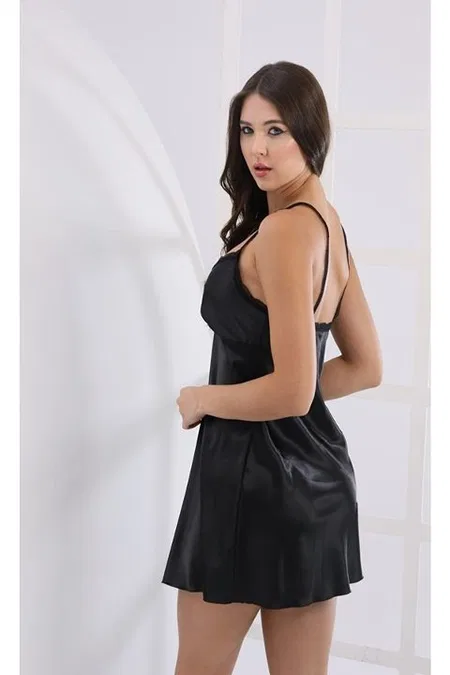 Saten Fırfırlı Gecelik Siyah Lacivert Moonlight 9479 - Siyah