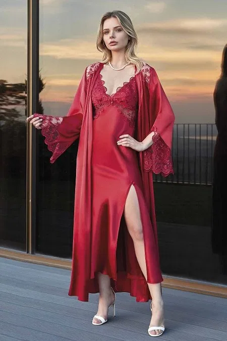 Saten Doku ve Nefes Alabilirlikte Polyester Gecelik Sabahlık Nurteks 5184 - Bordo