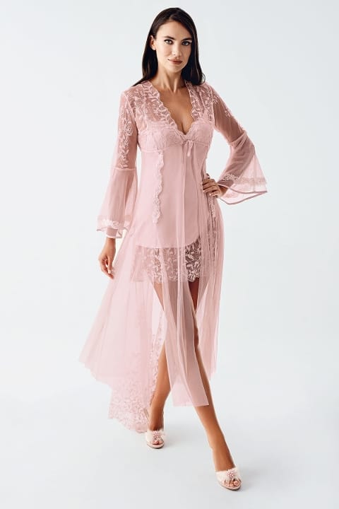 Saten Transparan Dantel Detaylı Gecelik Takımı İmaj 4200 - Pudra