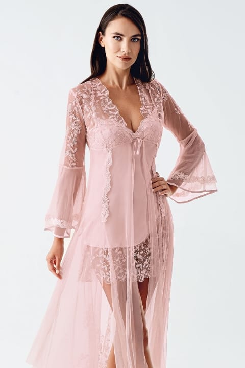 Saten Transparan Dantel Detaylı Gecelik Takımı İmaj 4200 - Pudra