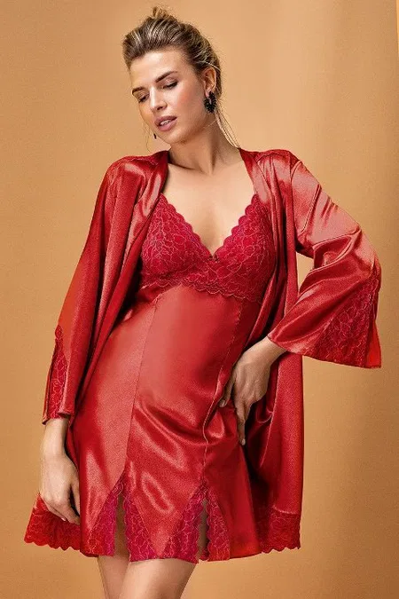 Polyester Saten Kimono Takım Bordo Nurteks 5325 - Bordo