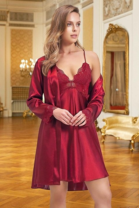 Polyester Saten Kimono Takım Pembe Somon Ten Yeşil Nurteks 5324 - Bordo