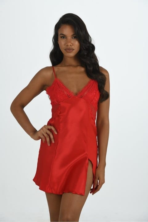 Saten Dantelli Kırmızı Kısa Gecelik Ahu 8200