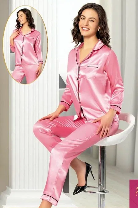 Saten Önden Düğmeli Cepli Gömlek Yaka Pijama Takımı Pembe XSES 2105 - Pembe