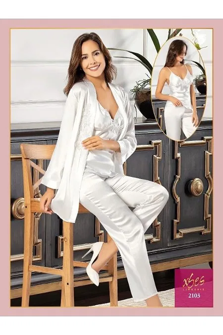 Saten Yakalı Çiçek Güpürlü 3Lü Sabahlık Pijama Seti XSES 2103 - Ekru