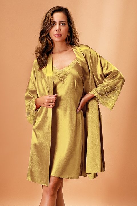 Polyester Dantelli Saten Kimono Takım Nurteks 5336 - Yeşil