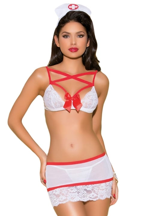 Kurdelalı Dantelli Beyaz Kadın Hemşire Kostümü SHE 2047
