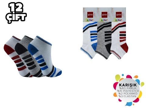 Pamuklu Asorti Patik Çorap 12'li Şirin 003