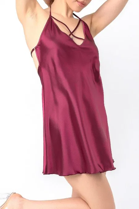 Sırt Askılı Dekolteli Mini Saten Gecelik DoReMi 002-001279 - Bordo