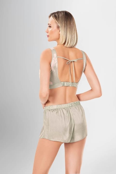 Desenli Sırt Bağlamalı 3lü Sabahlık Şort Takımı Ahu 1952 - Yeşil