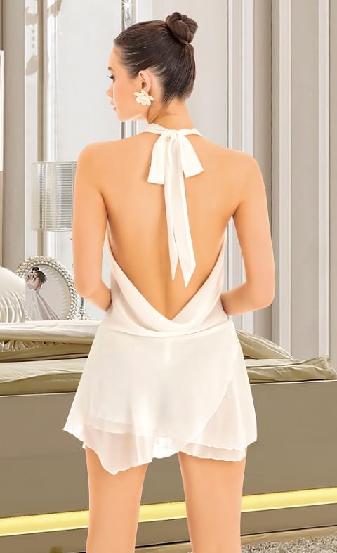 Sırt Dekolteli Beyaz Mini Elbise Konforlu Esneklik Pink Night 3412 - 2