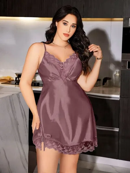 Sırt Dekolteli Şeffaf Dantel Büyük Beden Body Pink Night 6675 - Mor