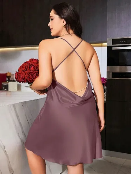 Sırt Dekolteli Şeffaf Dantel Büyük Beden Body Pink Night 6675 - Mor