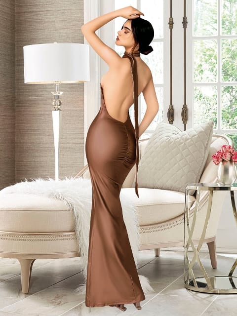 Uzun Sırt Dekolteli Elbise Fuşya Pink Night 5591 - Kahverengi